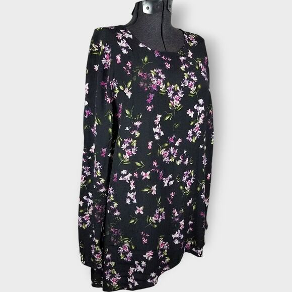 J. Jill Layered Asymmetric Floral Print Top Black Rayon Long Sleeve Size Large - Picture 2 of 9
